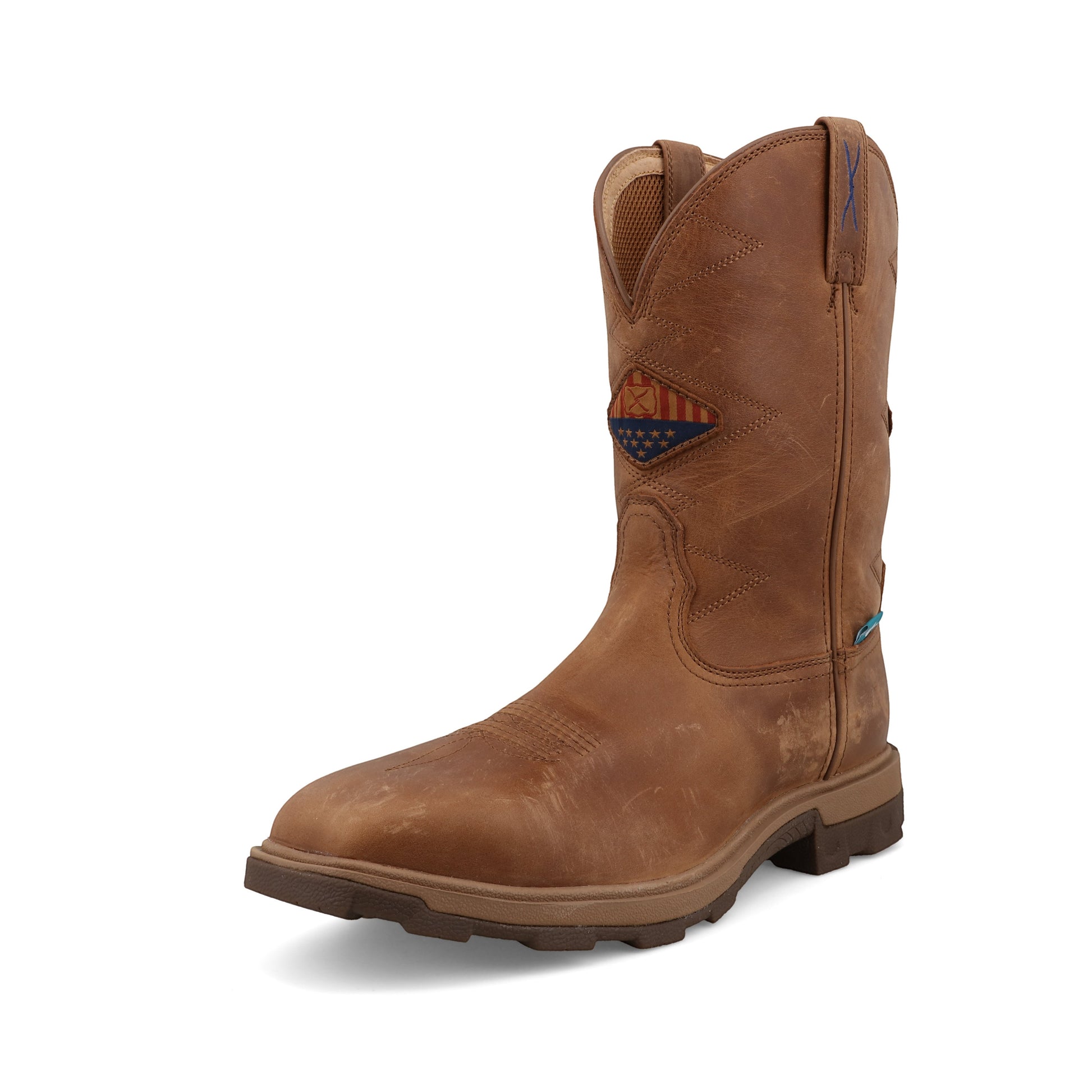 Allen's Bootery 11-inch UltraLite X ginger leather waterproof work boot with Nano toe and American flag patch detail