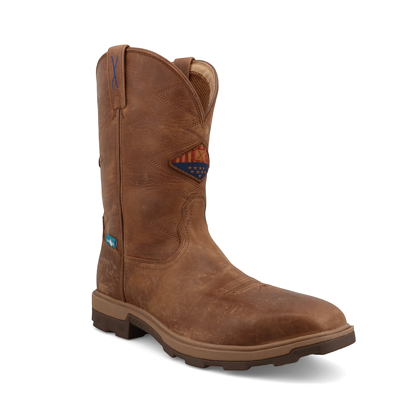Allen's Bootery 11-inch UltraLite X waterproof work boot in ginger leather with Nano toe and American flag patch.