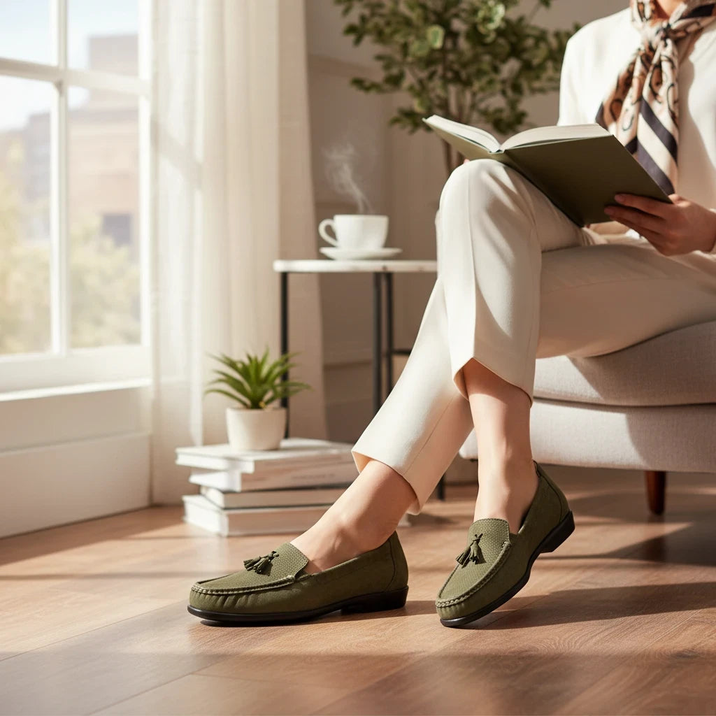 Allen's Bootery Hope green leather tassel loafers worn by a woman sitting in a sunlit room.