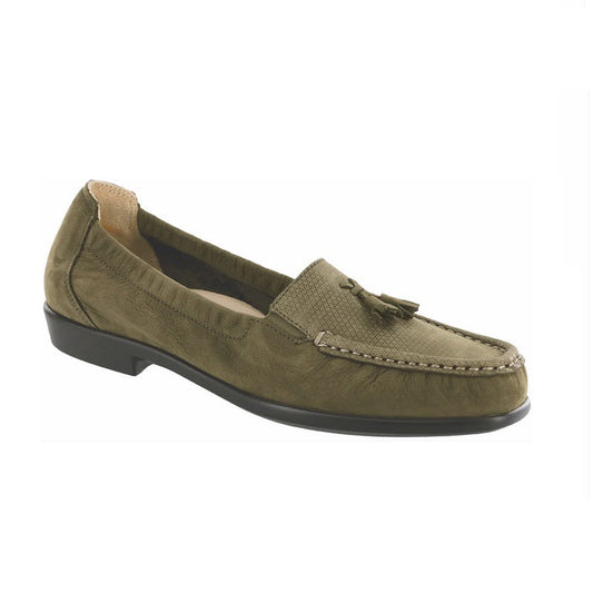 Allen's Bootery Hope loafer in green tundra leather with tassel detail, moccasin construction, and cushioned sole.