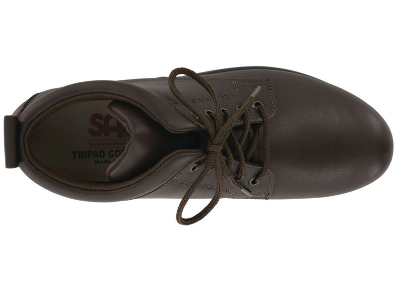 Allen's Bootery Gretchen dark brown water-resistant leather lace-up ankle boot with slip-resistant sole, top view