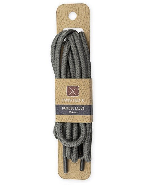 Allen's Bootery 32-inch grey bamboo shoelaces for Twisted X women's shoes on branded cardboard backing