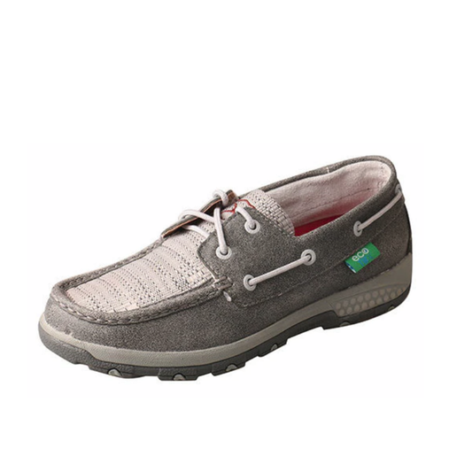 Allen's Bootery grey eco-friendly boat shoe driving moc in leather and tweed with CellStretch comfort technology