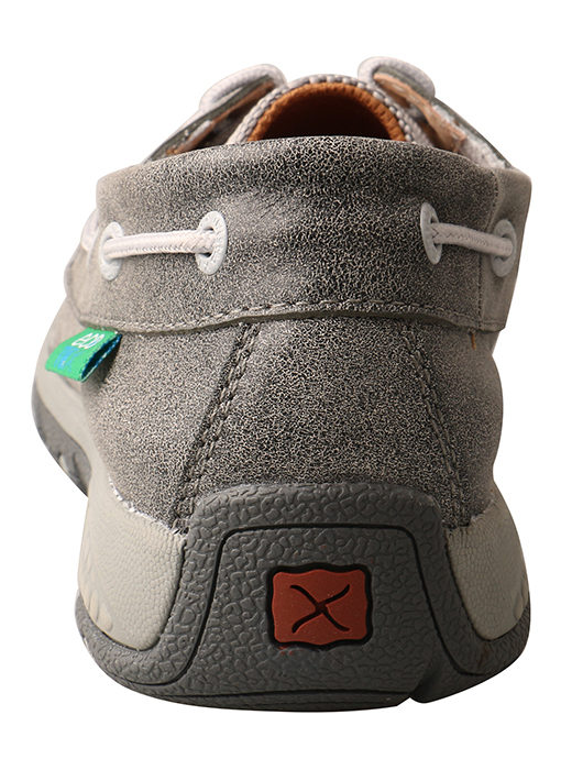 Allen's Bootery grey eco-friendly boat shoe driving moc with tweed and leather, featuring a durable rubber outsole.