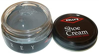 Allen's Bootery Kelly's grey leather shoe cream in an open glass jar with a black screw-top lid for conditioning.
