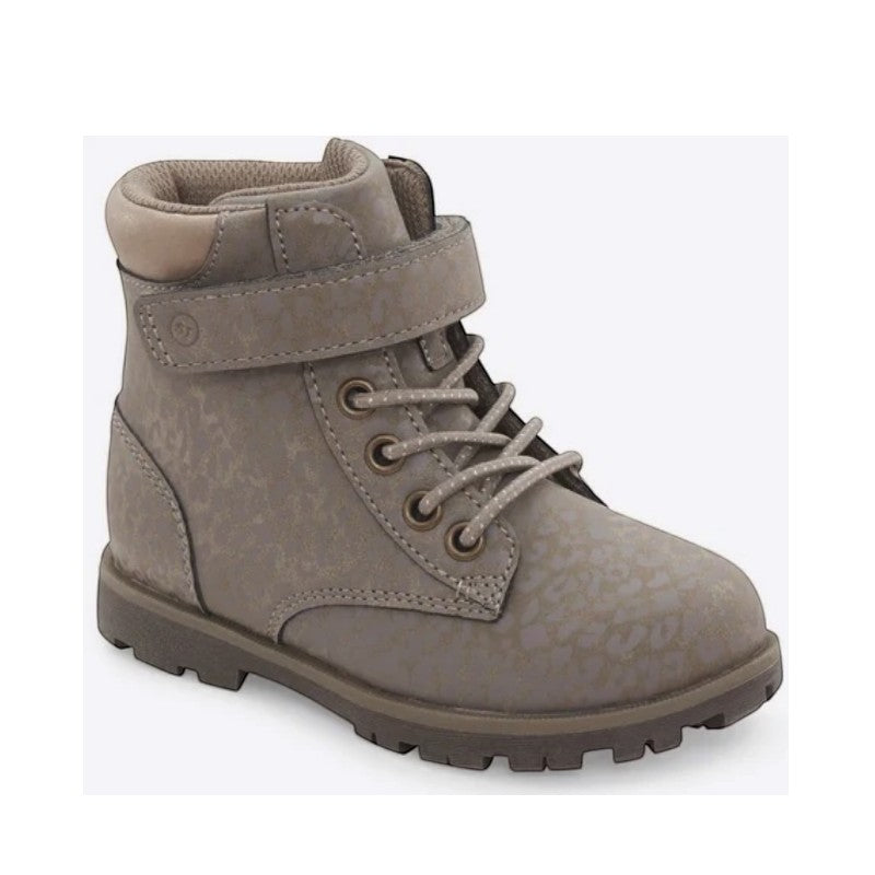 Allen's Bootery Jill leopard print toddler boots in grey with memory foam footbed and hook-and-loop closure.