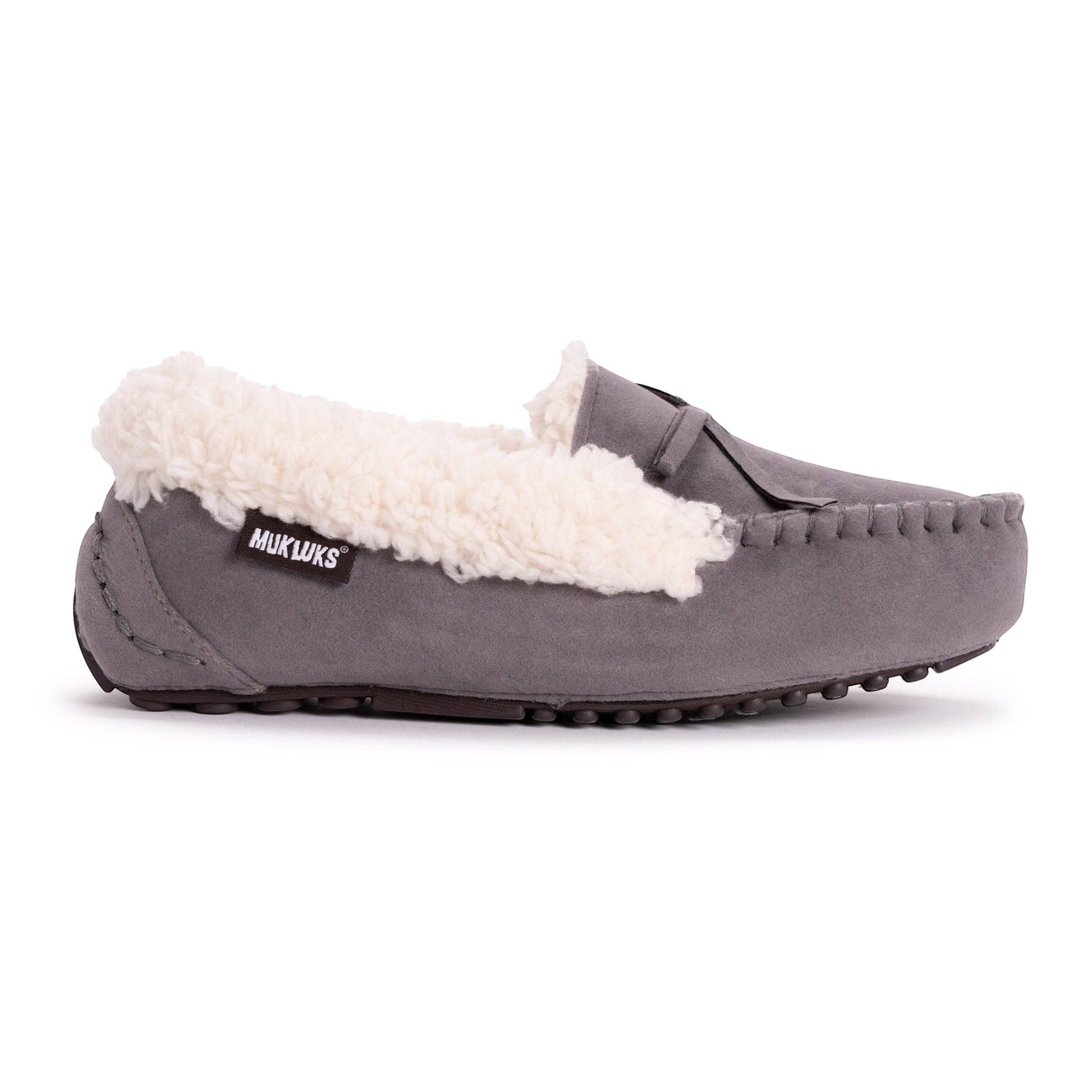 Allen's Bootery grey faux suede moccasin slippers with plush cream faux fur lining and decorative bow.