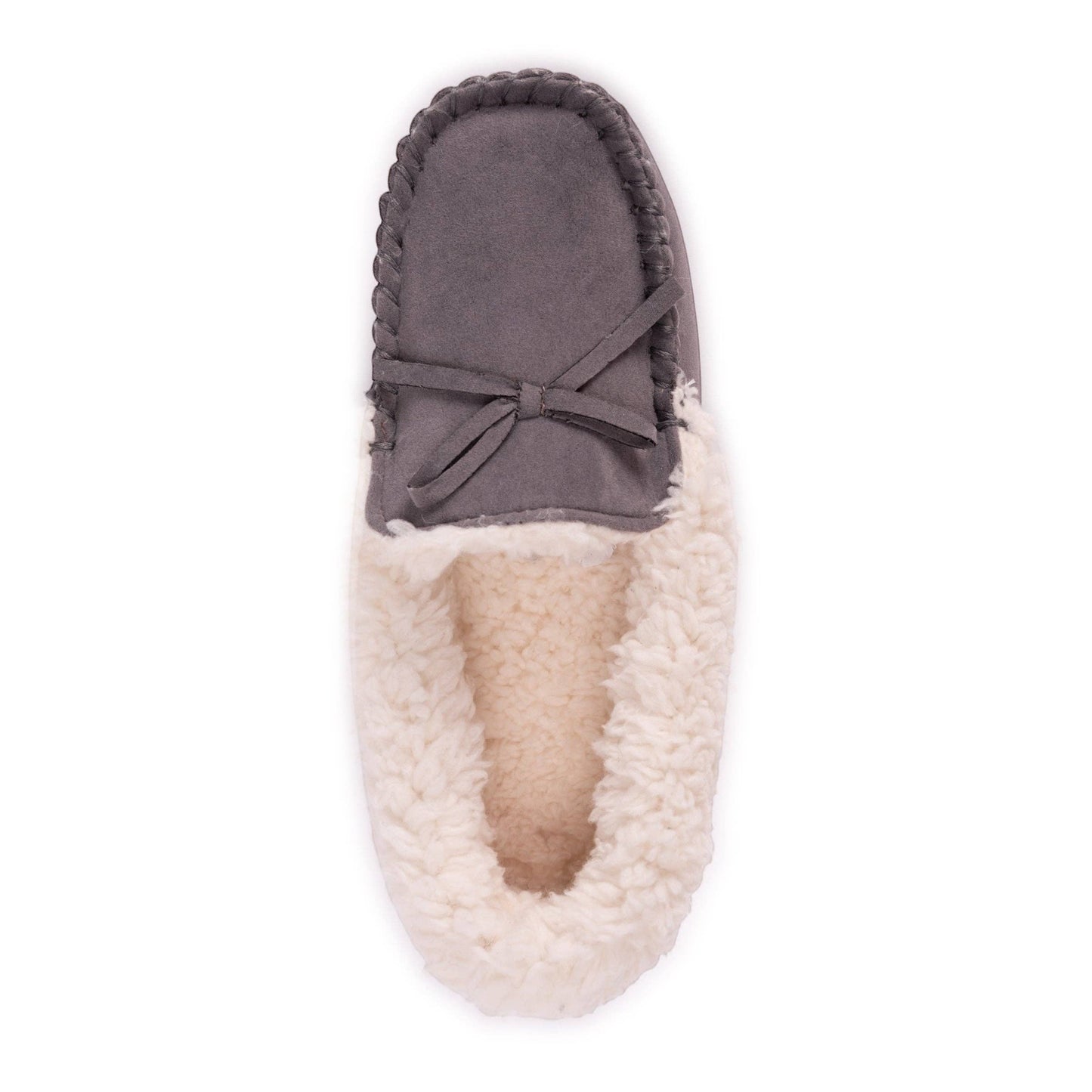 Allen's Bootery women's grey faux suede moccasin slippers with cream faux fur lining and decorative bow.