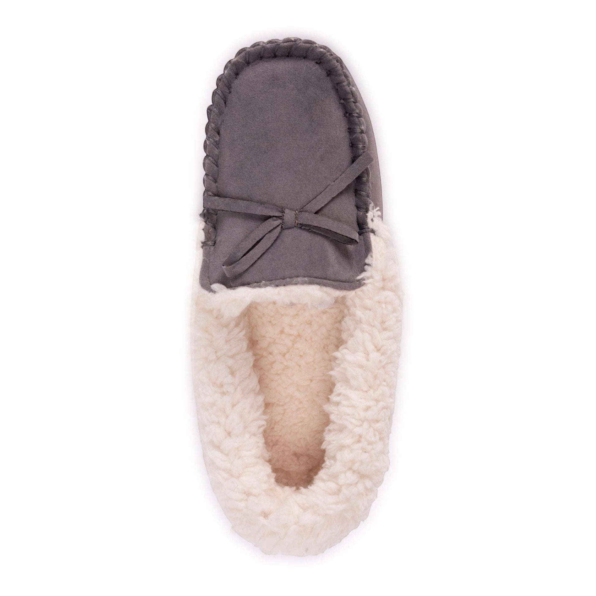 Allen's Bootery women's grey faux suede moccasin slippers with cream faux fur lining and decorative bow.