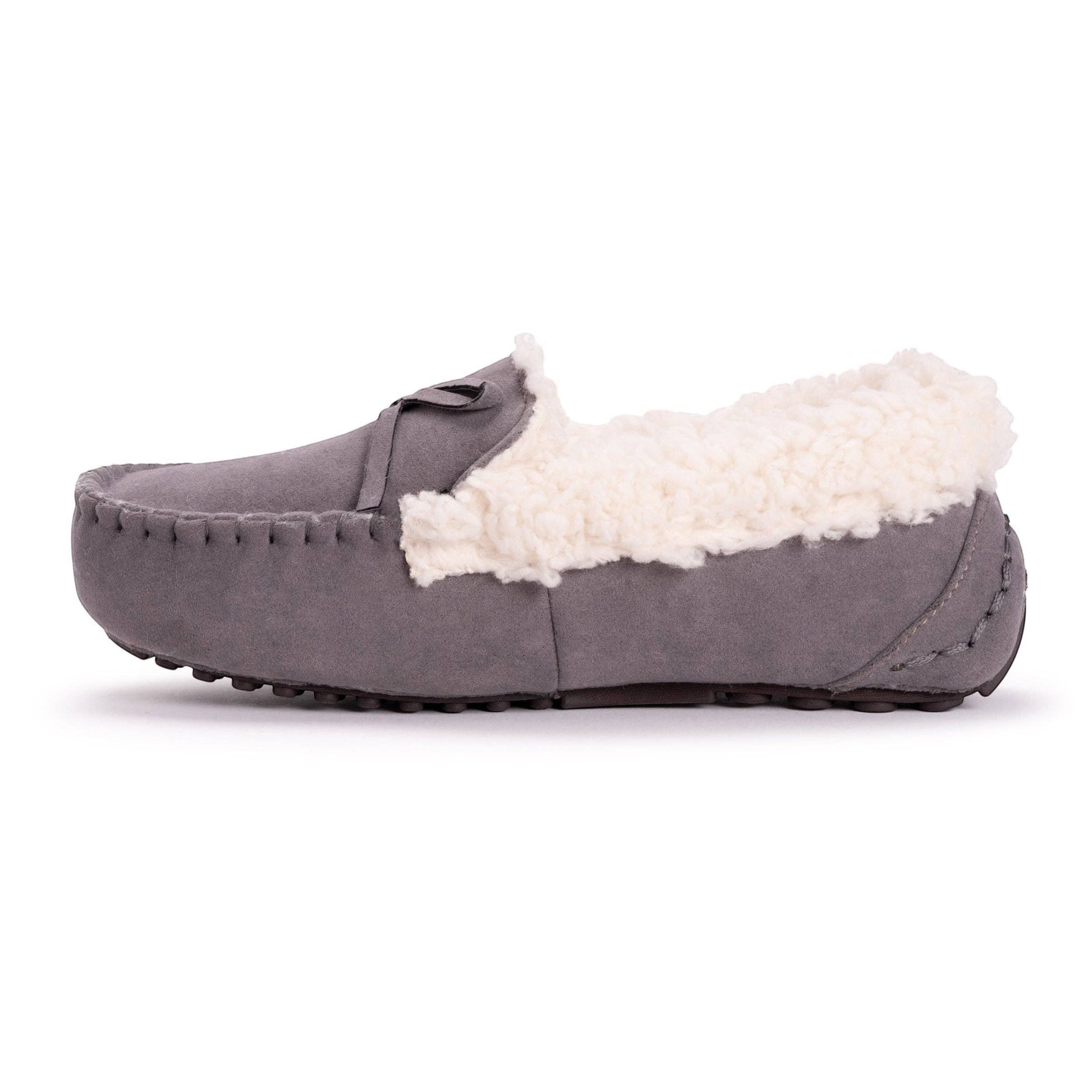 Allen's Bootery grey faux suede moccasin slippers with cream faux fur lining and decorative bow.