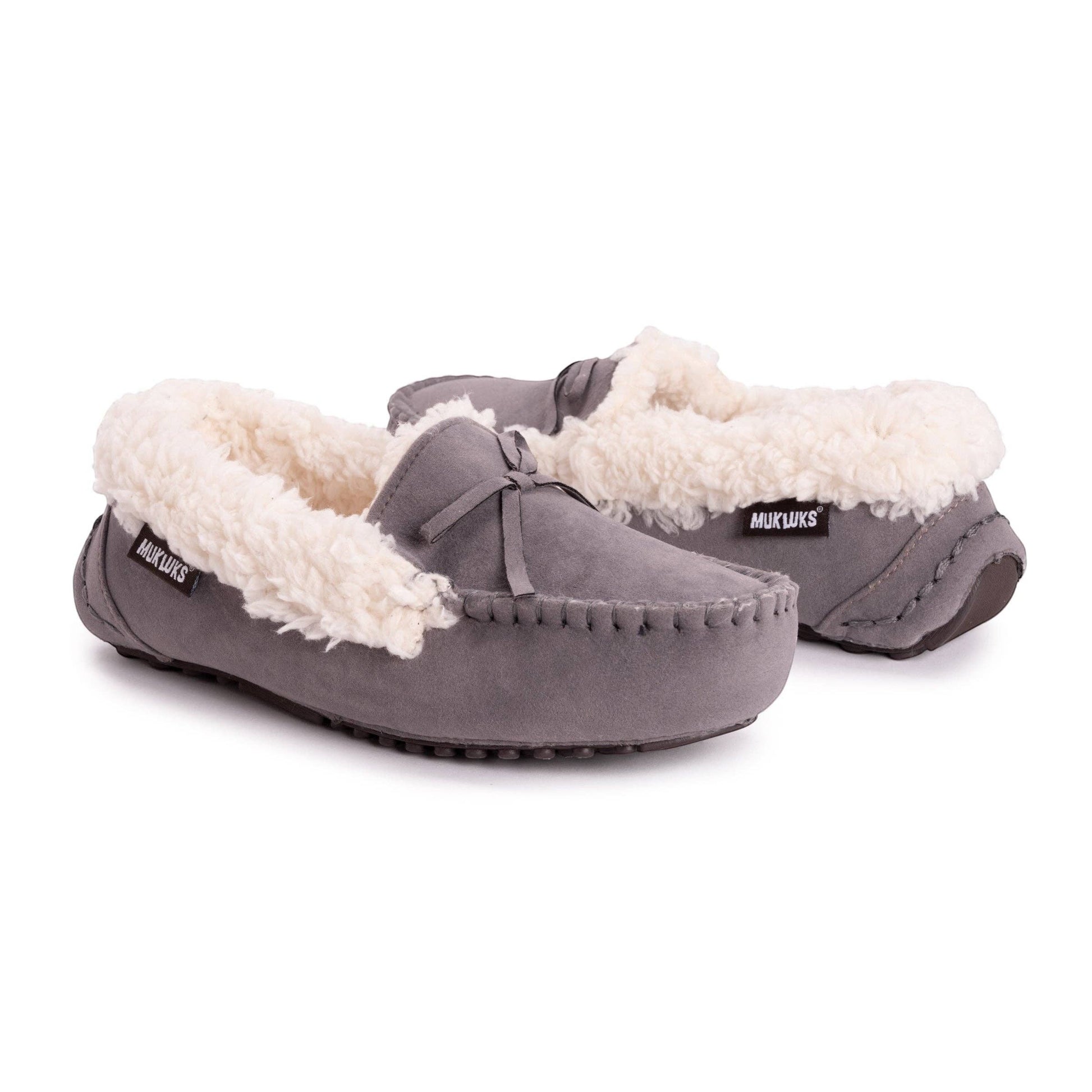Allen's Bootery MUK LUKS women's grey faux suede moccasin slippers with plush cream faux fur lining and decorative bow.
