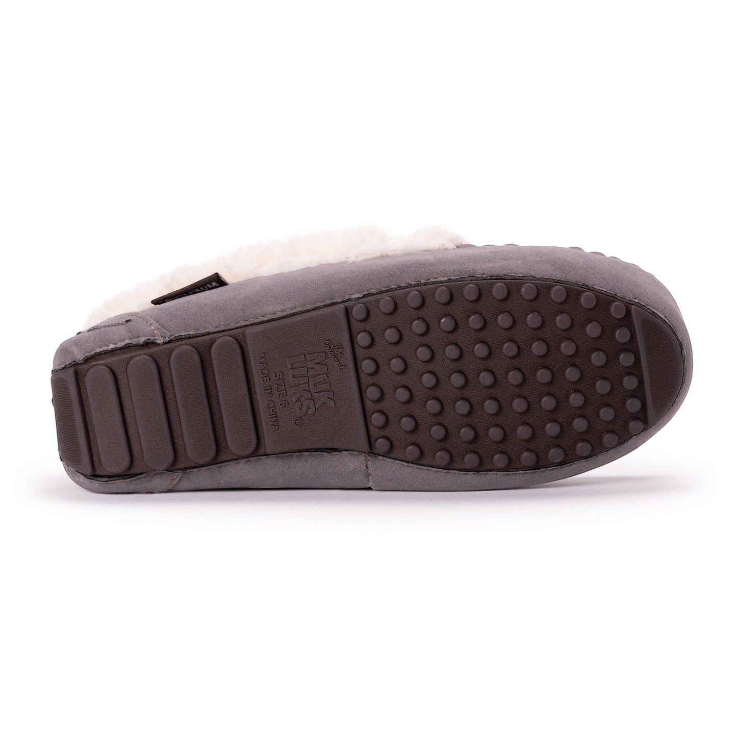 Allen's Bootery grey faux suede moccasin slippers with plush cream faux fur lining and decorative bow.