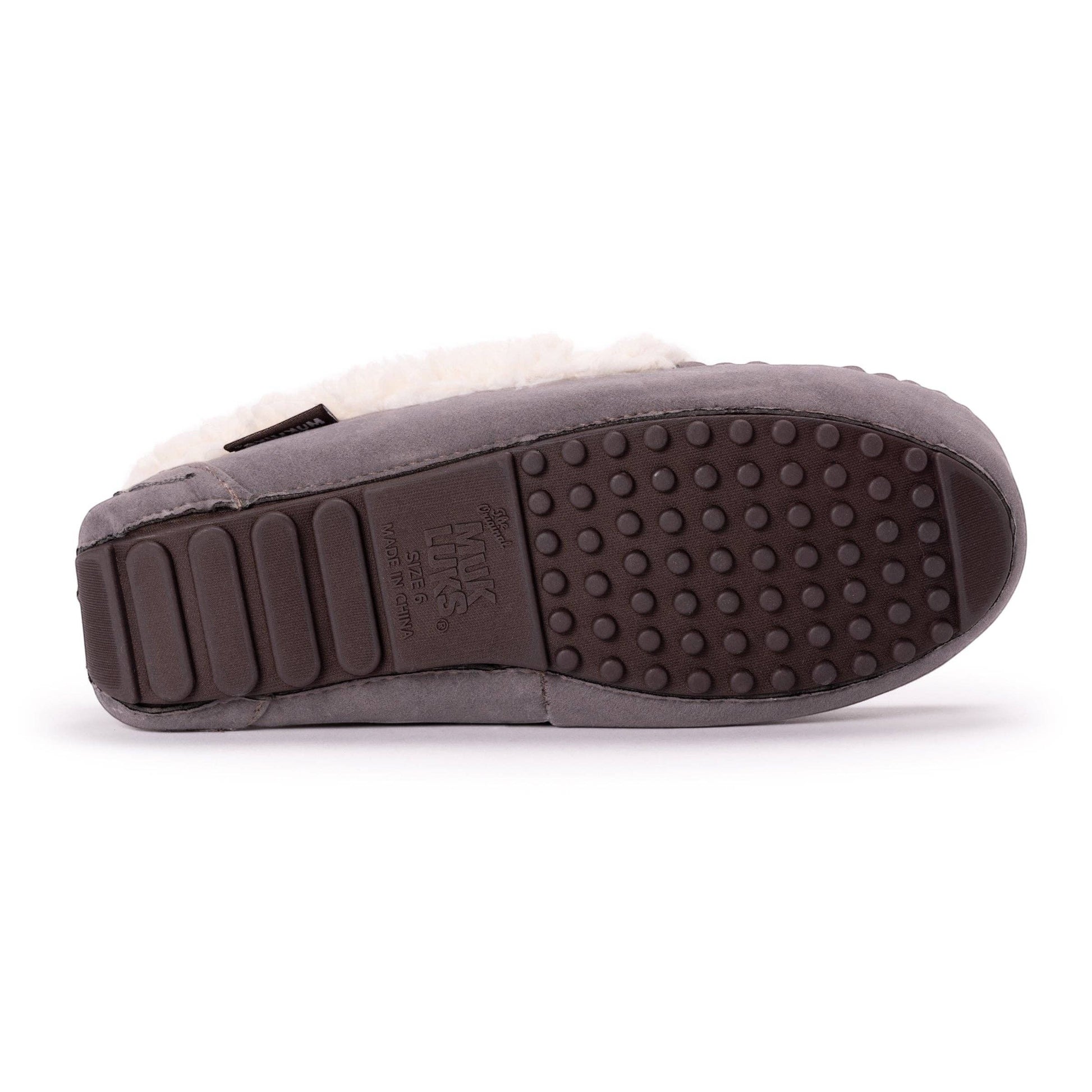 Allen's Bootery grey faux suede moccasin slippers with plush cream faux fur lining and decorative bow.