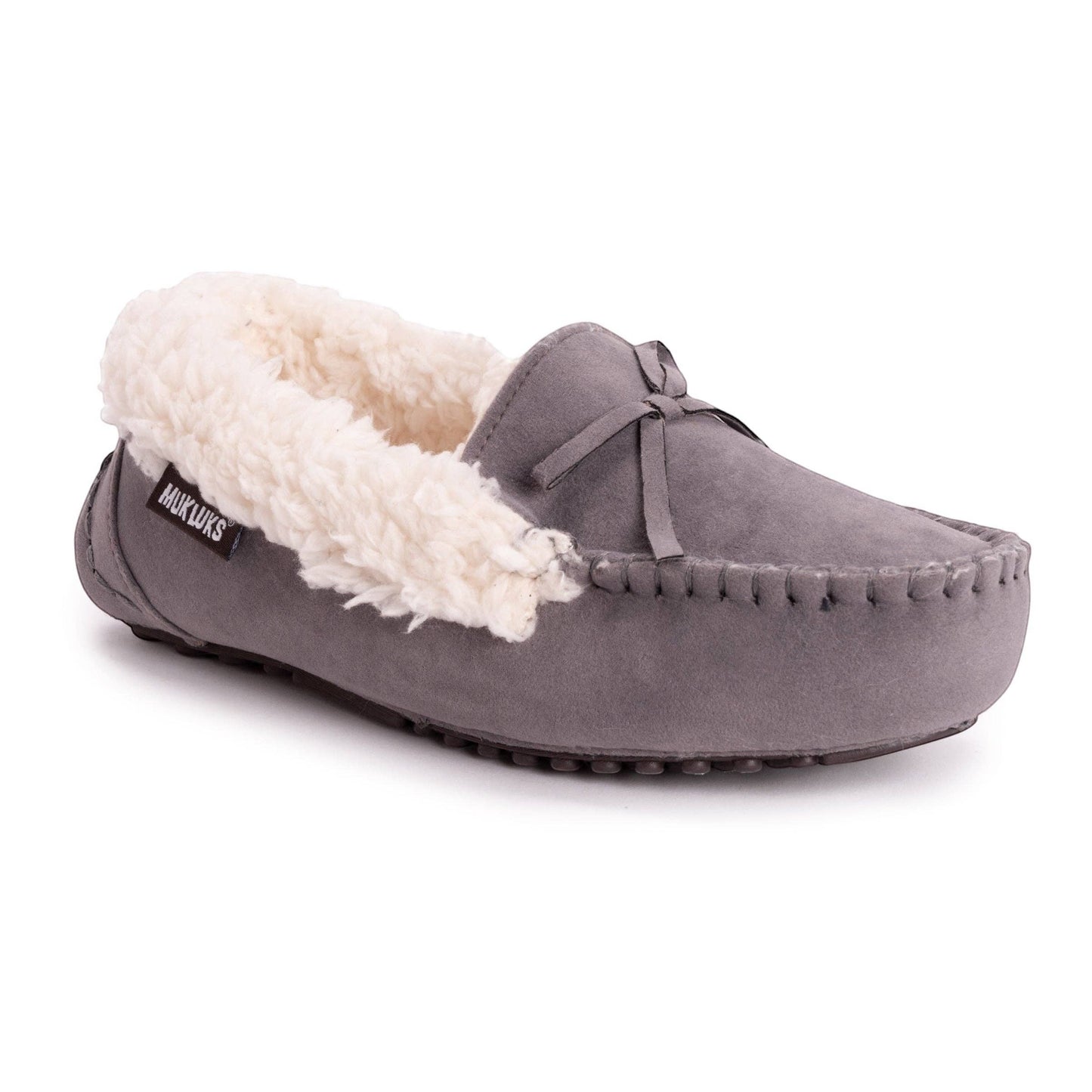 Allen's Bootery grey faux suede moccasin slippers with cream faux fur lining and decorative bow.