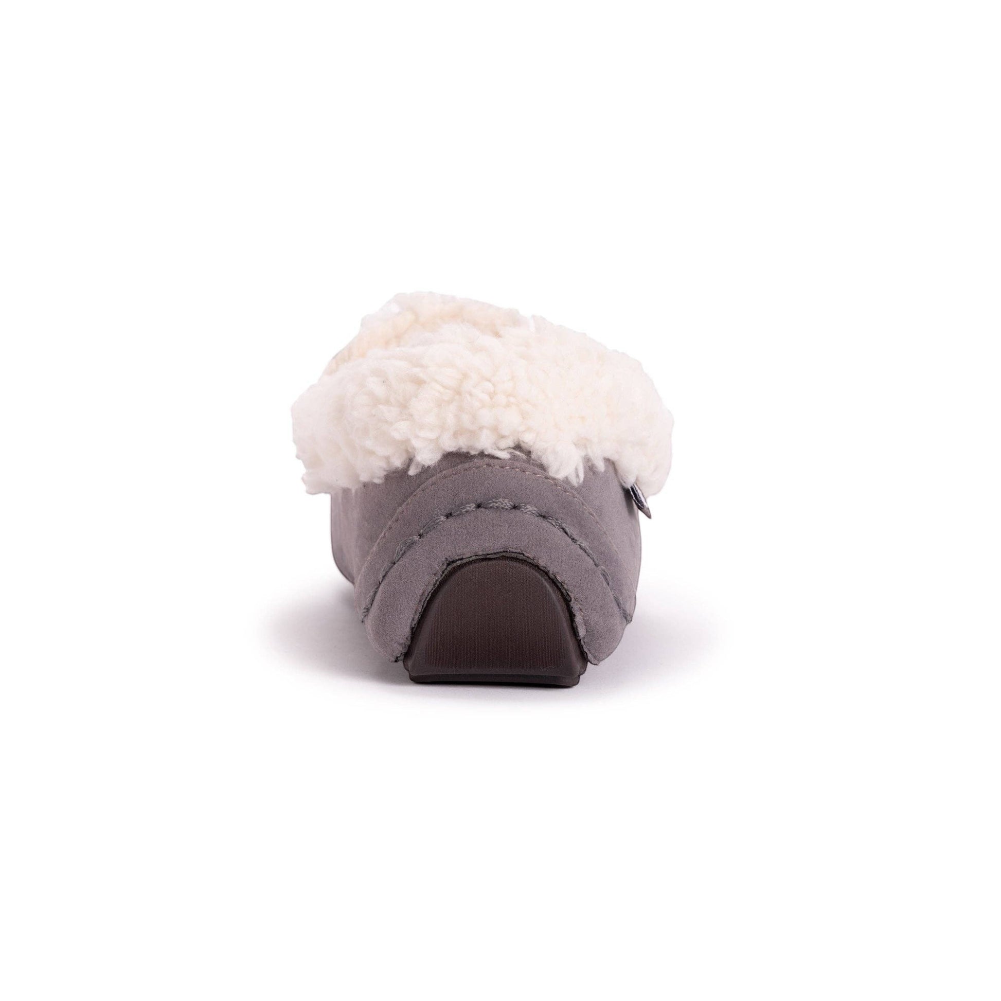 Allen's Bootery grey faux suede moccasin slippers with plush cream faux fur lining and decorative bow.