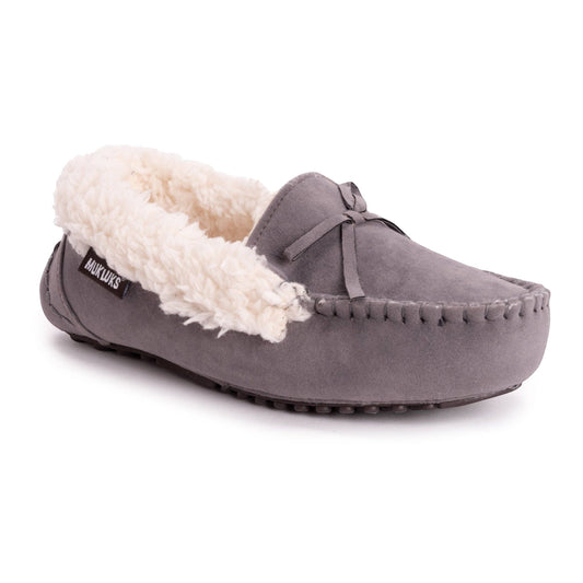Allen's Bootery grey faux suede moccasin slippers with cream faux fur lining and decorative bow.
