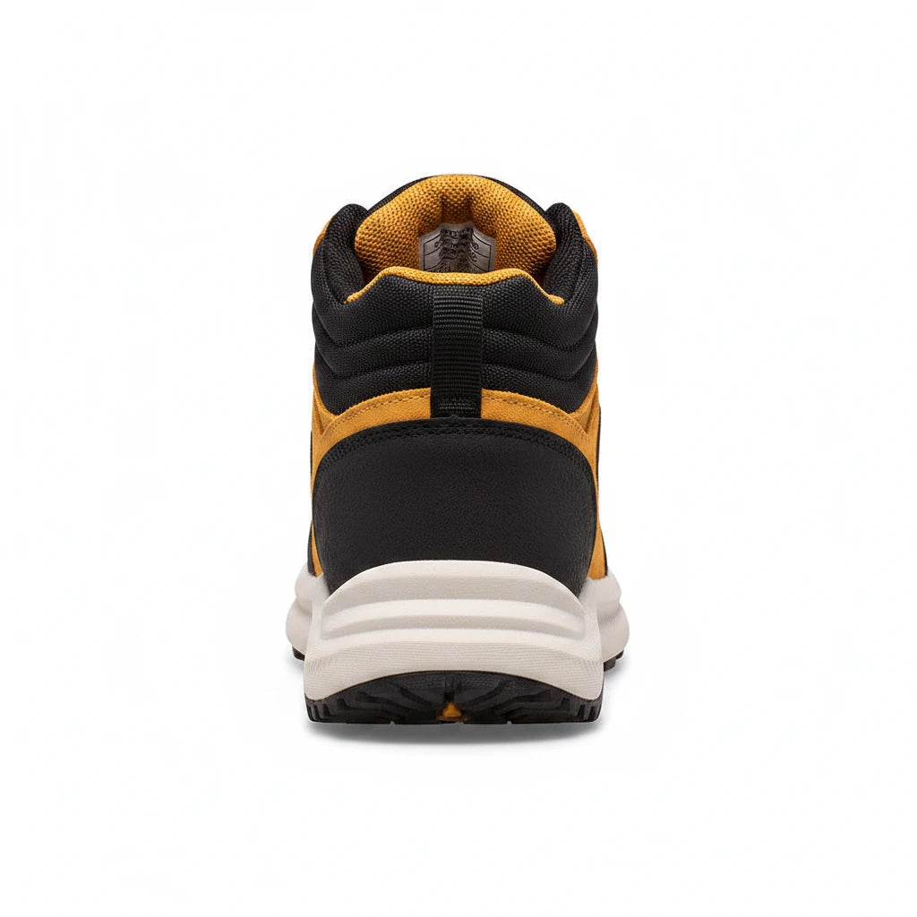 Allen's Bootery Greylock waterproof leather boots in wheat and black, rear view showing rubber outsole and padding.