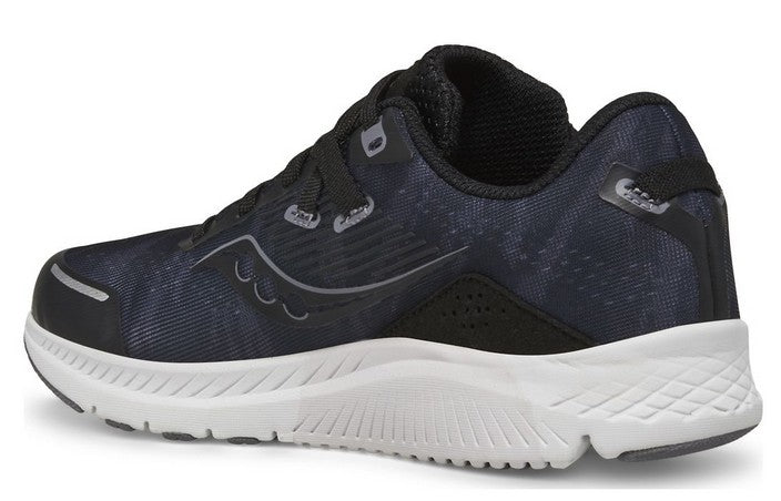 Allen's Bootery Big Kid's Guide 16 running shoe in black and white with a lightweight mesh upper and EVA midsole