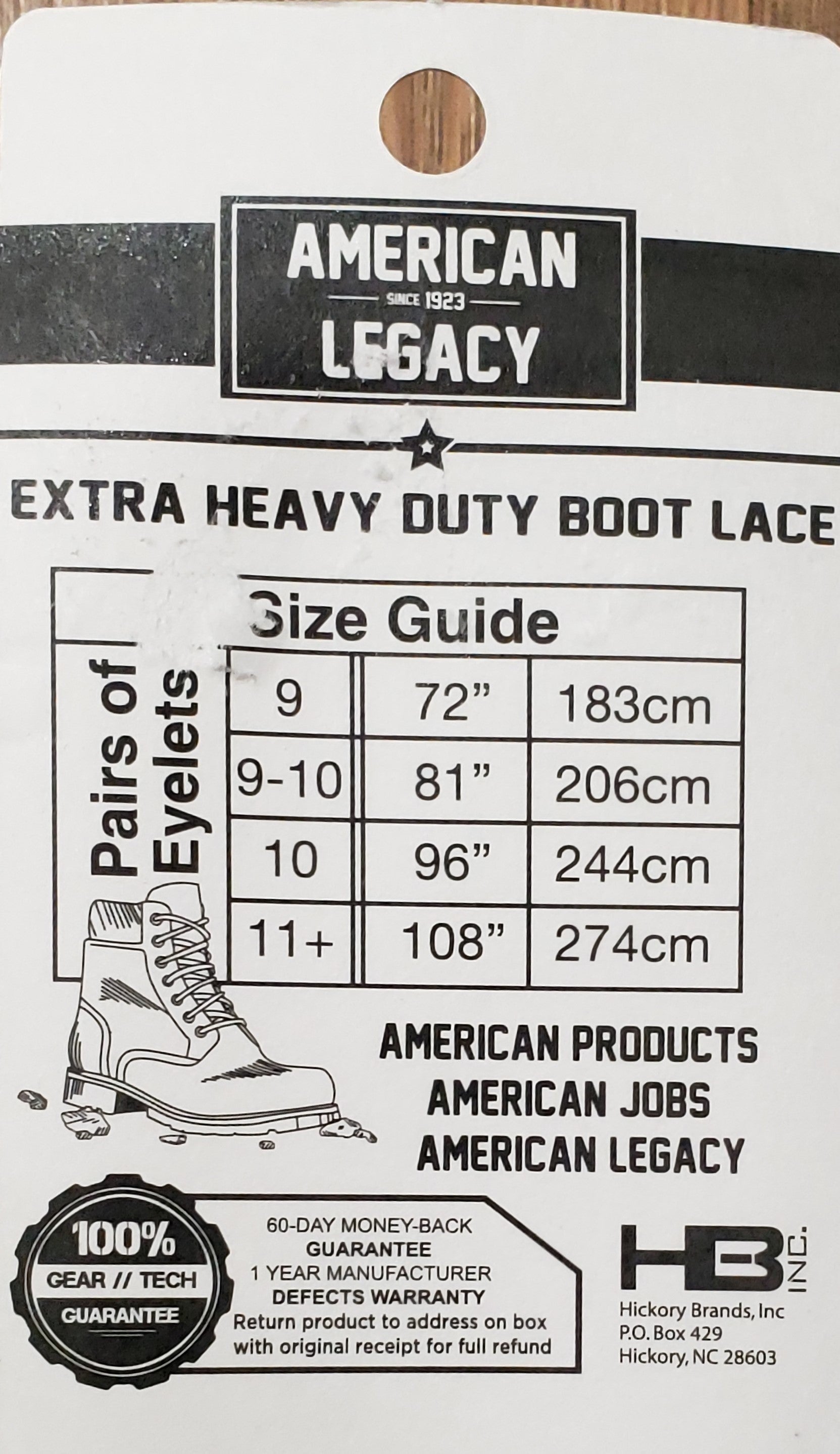 Allen's Bootery American Legacy extra heavy duty black boot lace packaging with size guide chart