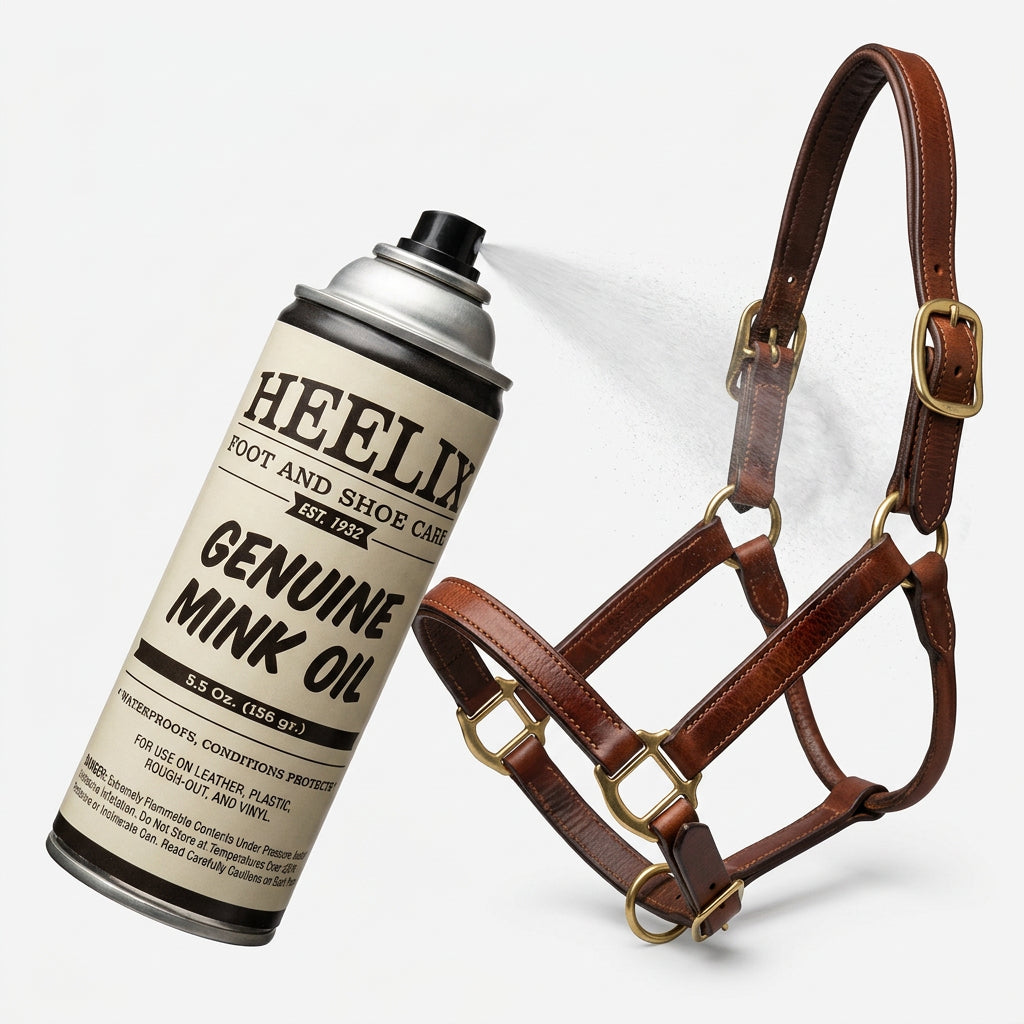 Allen's Bootery HEELIX mink oil spray conditioning a brown leather horse bridle with a fine aerosol mist