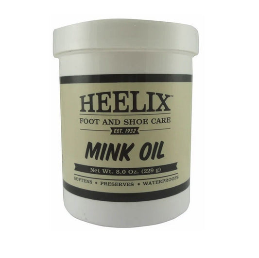 Allen's Bootery Heelix 8 oz mink oil container for conditioning and waterproofing smooth leather and vinyl footwear