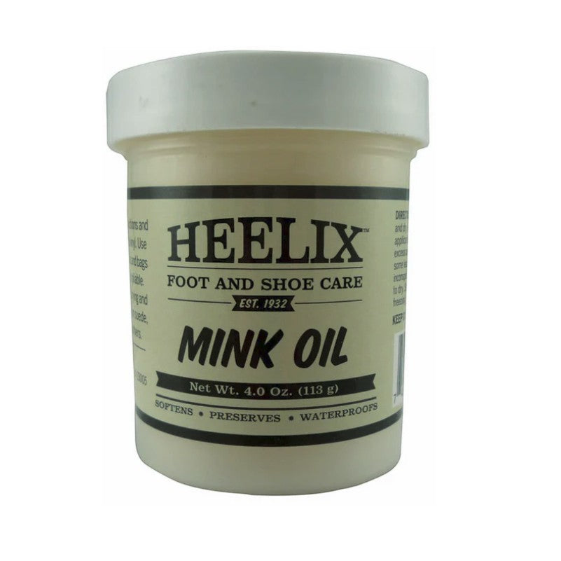 Allen's Bootery Heelix 4 oz mink oil container for conditioning and waterproofing smooth leather and vinyl goods.