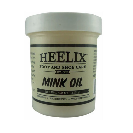 Allen's Bootery Heelix 4 oz mink oil container for conditioning and waterproofing smooth leather and vinyl goods.