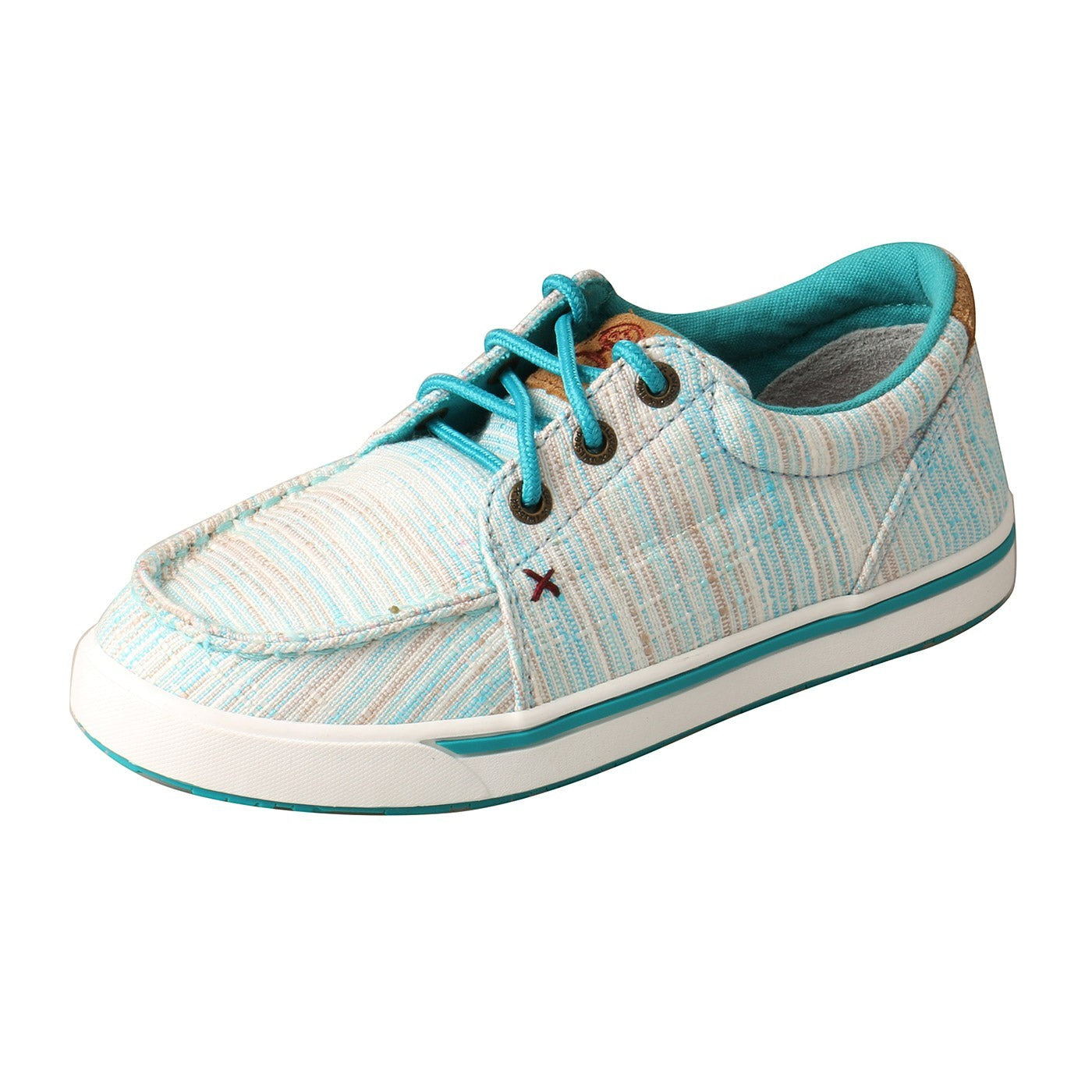 Allen's Bootery kid's Hooey Loper casual shoe in blue and white striped fabric with teal accents and rubber sole.