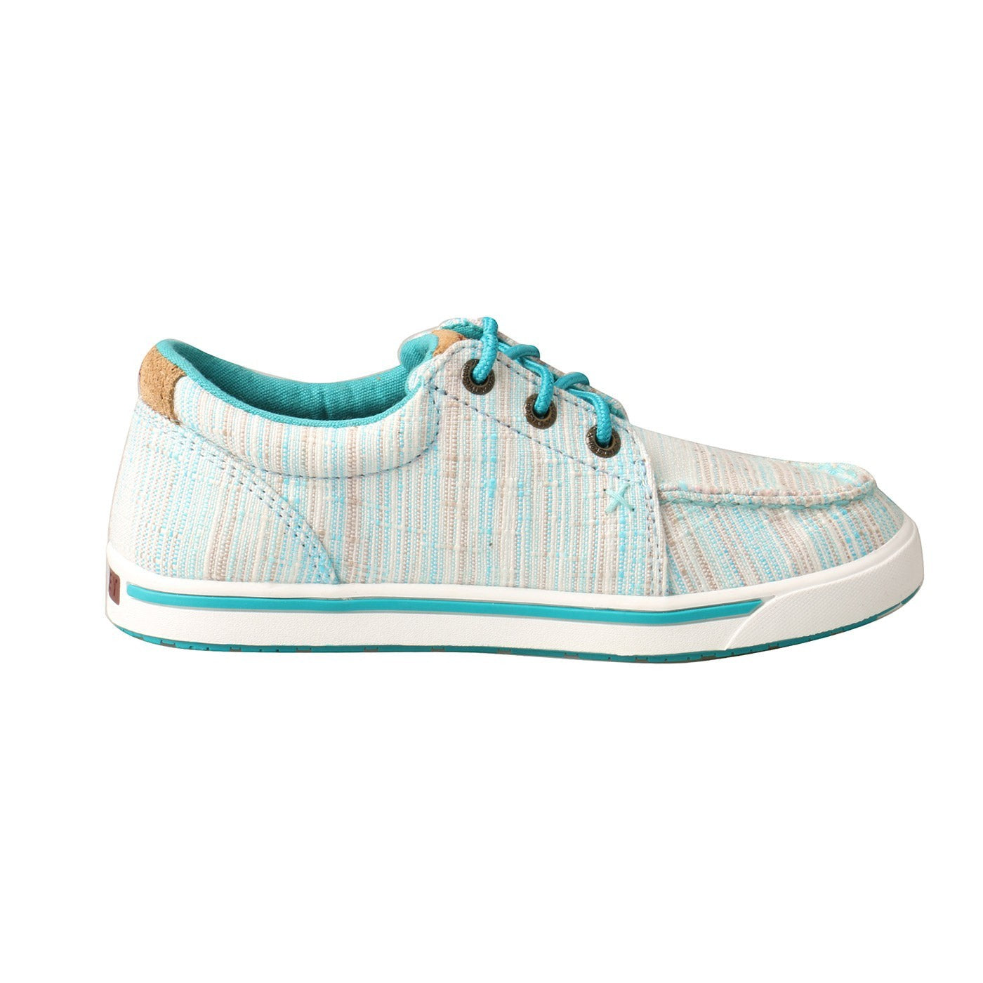 Allen's Bootery Big Kid's Hooey Loper casual shoe in blue and multi-colored striped fabric with teal laces.