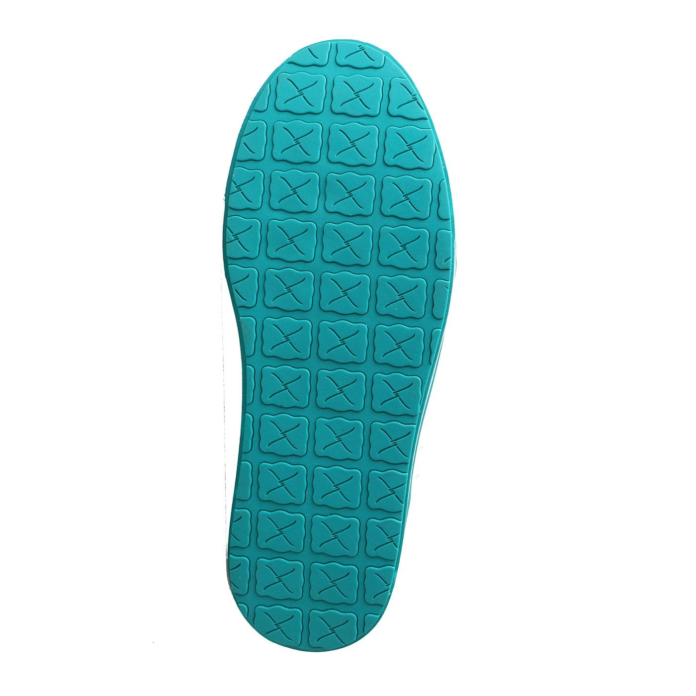 Allen's Bootery Hooey Loper kids shoe featuring a bright turquoise rubber outsole with a textured geometric pattern.