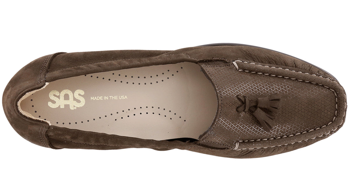 Allen's Bootery Hope brown leather loafer with tassel detail and moccasin construction, top-down view