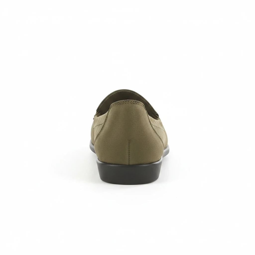 Allen's Bootery Hope loafer in green tundra leather, shown from the back view with a shock-absorbing sole.