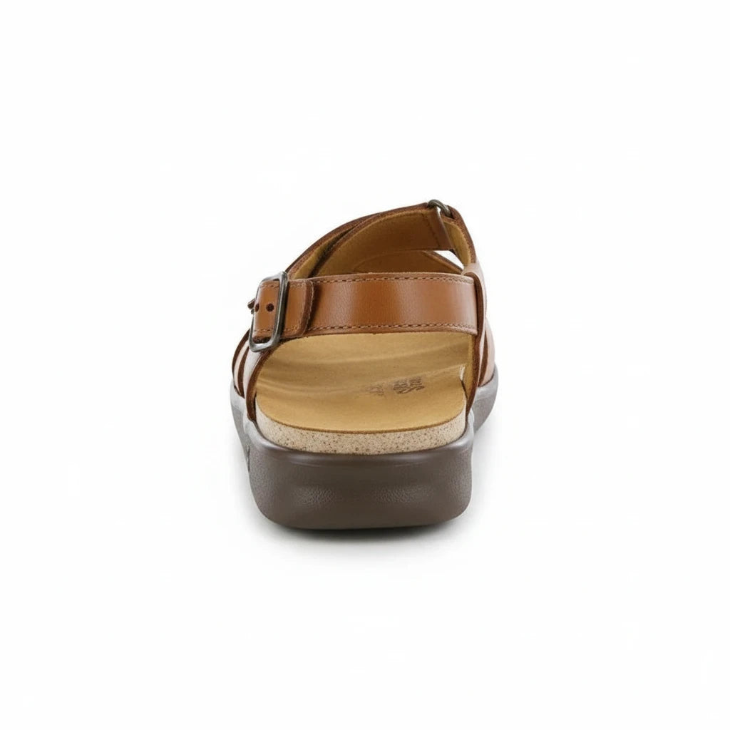 Allen's Bootery Huggy caramel leather sandal with adjustable buckle strap and contoured microfiber insole, back view.