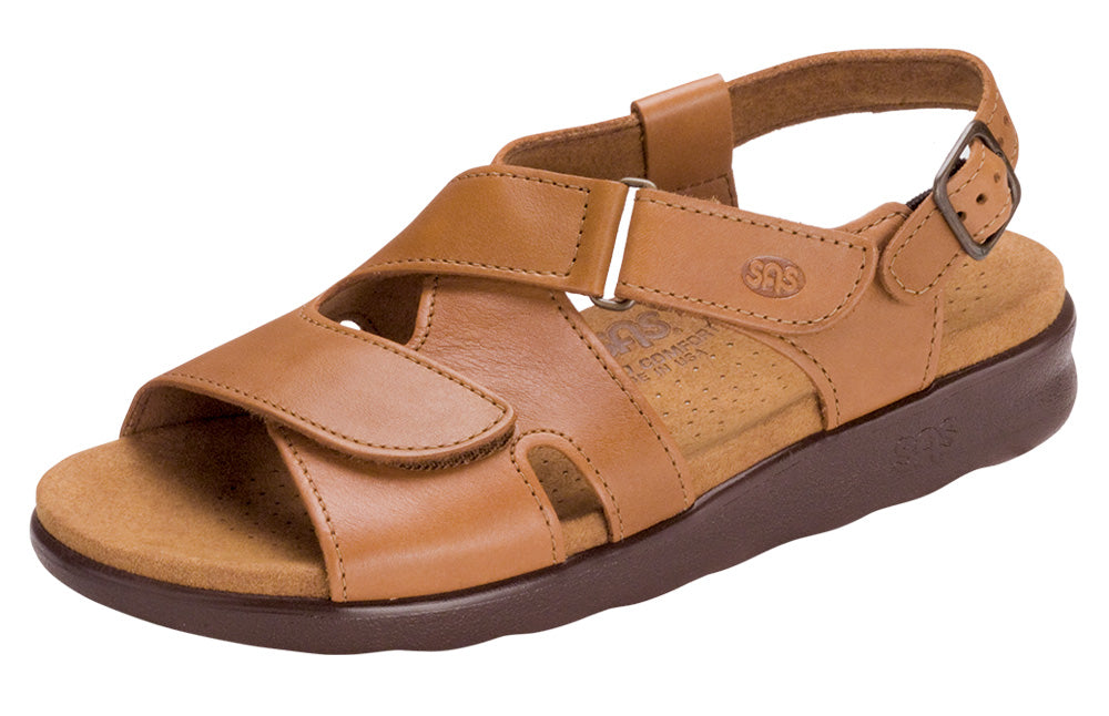 Allen's Bootery Huggy caramel leather comfort sandal with adjustable straps and contoured microfiber insole
