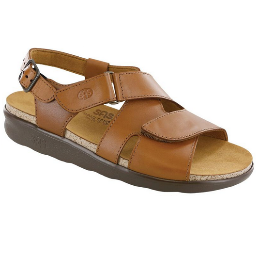 Allen's Bootery Huggy caramel leather comfort sandal with wide straps, adjustable EZ strap, and contoured footbed.