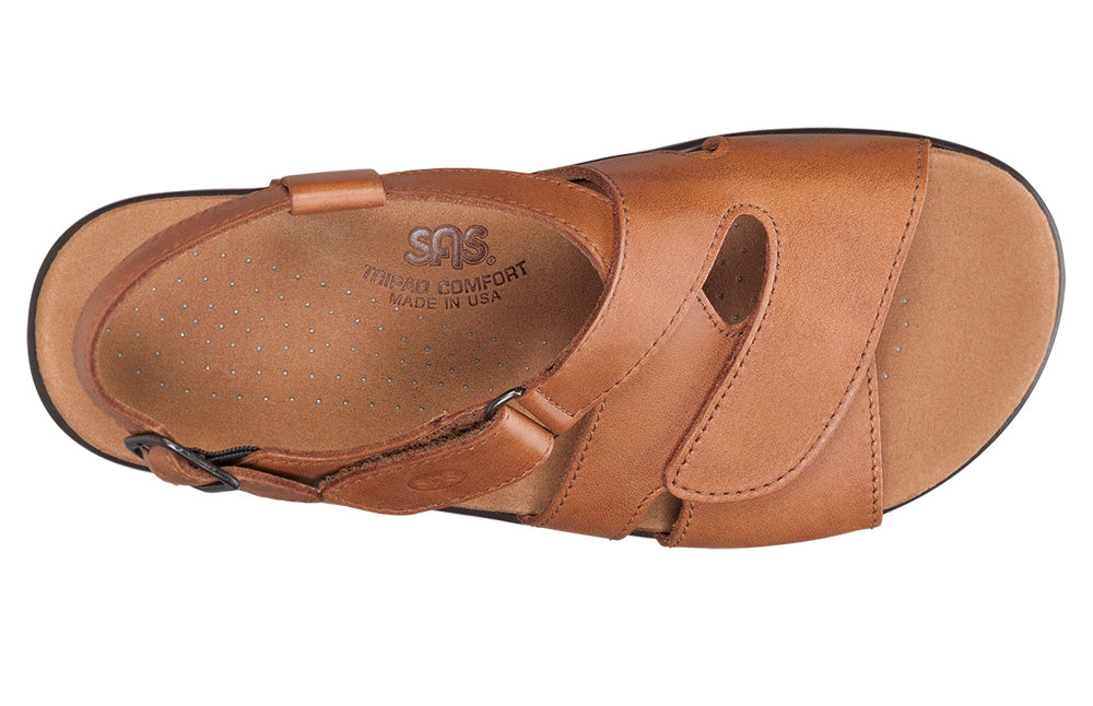 Allen's Bootery Huggy caramel leather sandal with wide straps, adjustable EZ strap, and contoured microfiber insole.