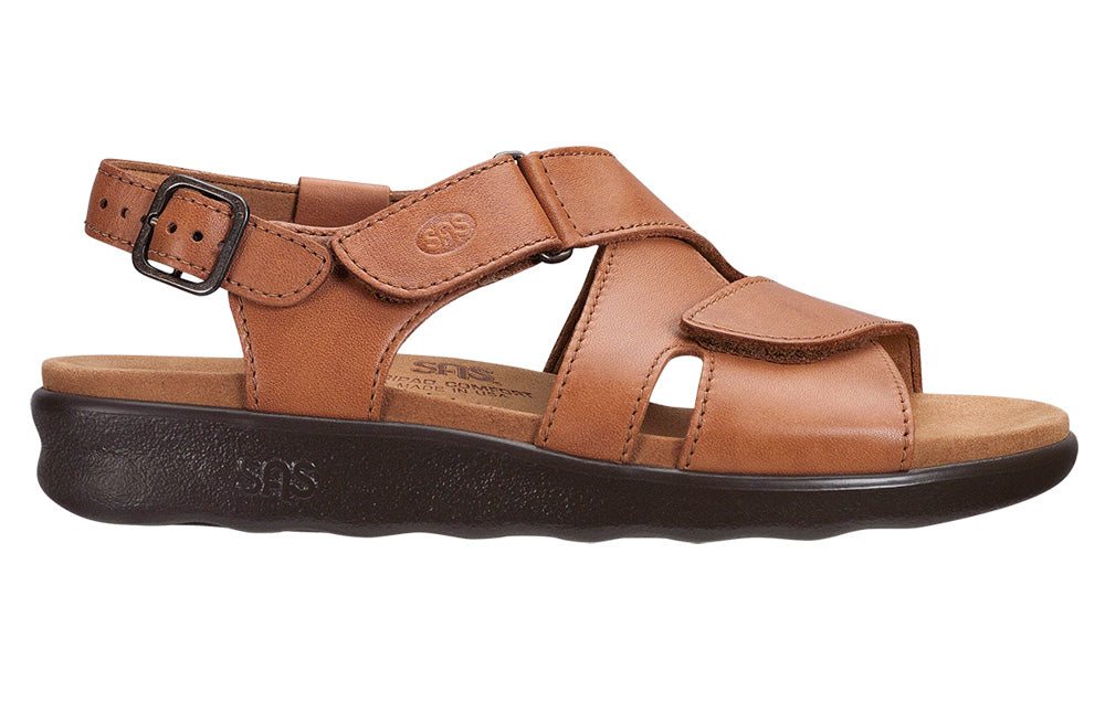 Allen's Bootery Huggy caramel leather sandal with wide straps, adjustable EZ strap, and contoured microfiber insole.