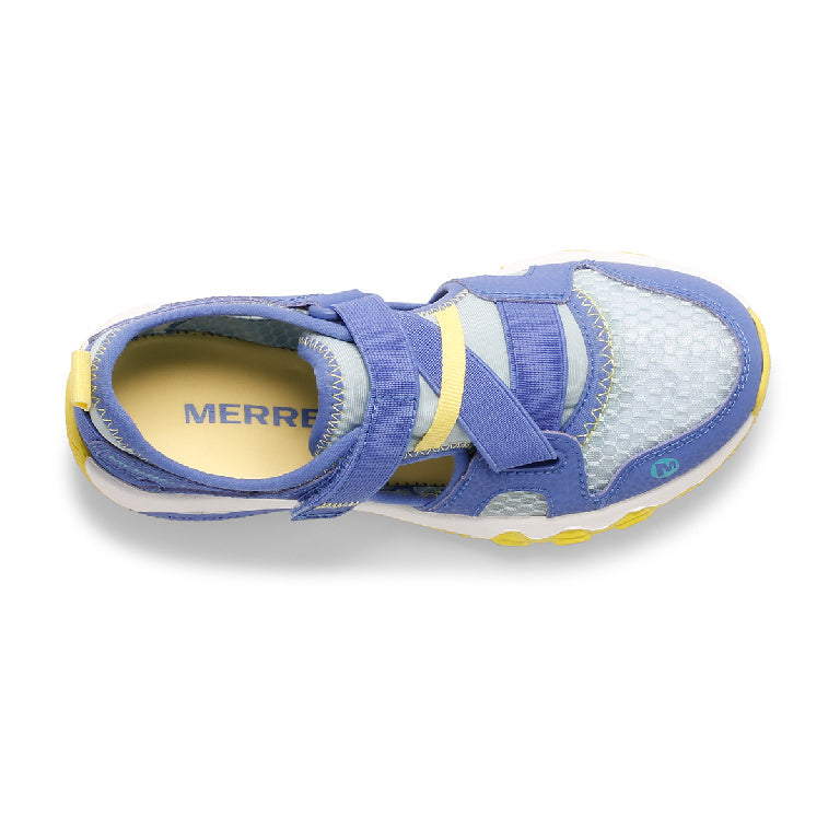 Allen's Bootery Hydro Free water sandals for kids in blue and yellow with cross strap closures and flexible outsole.