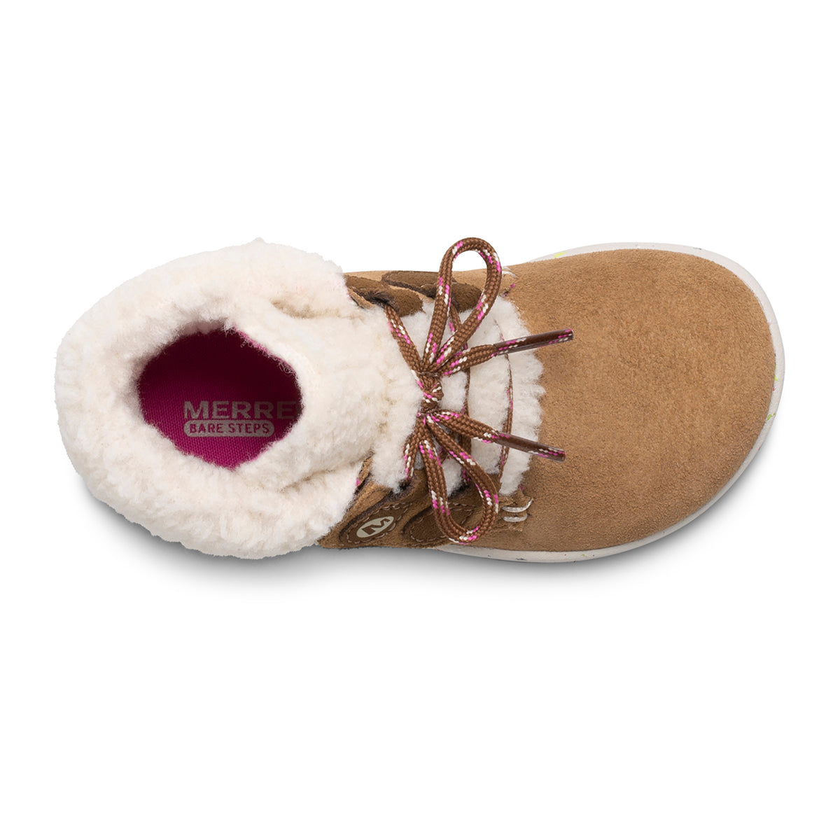 Allen's Bootery infant Bare Steps boot in chestnut suede with a cozy white faux-fur lining and adjustable laces.