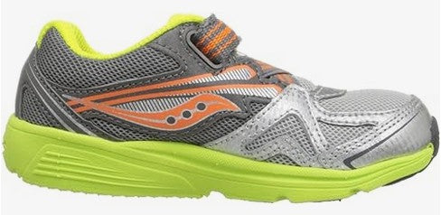 Allen's Bootery infant boy sneaker in gray, green, and orange with mesh upper, velcro strap, and EVA midsole.