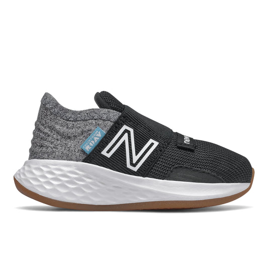 Allen's Bootery infant Fresh Foam Roav running shoe in black and grey with a white midsole and gum rubber outsole