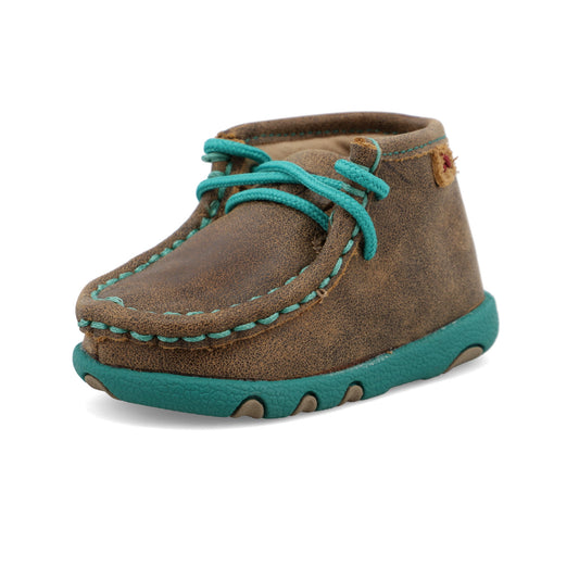 Allen's Bootery infant driving moccasins in bomber brown leather with turquoise laces and rubber outsole.