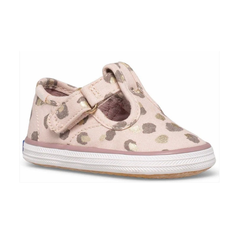 Allen's Bootery infant Champion leopard print sneaker in soft pink with a T-strap closure and rubber toe cap.