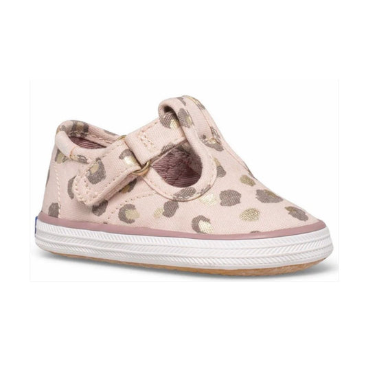 Allen's Bootery infant Champion leopard print sneaker in soft pink with a T-strap closure and rubber toe cap.