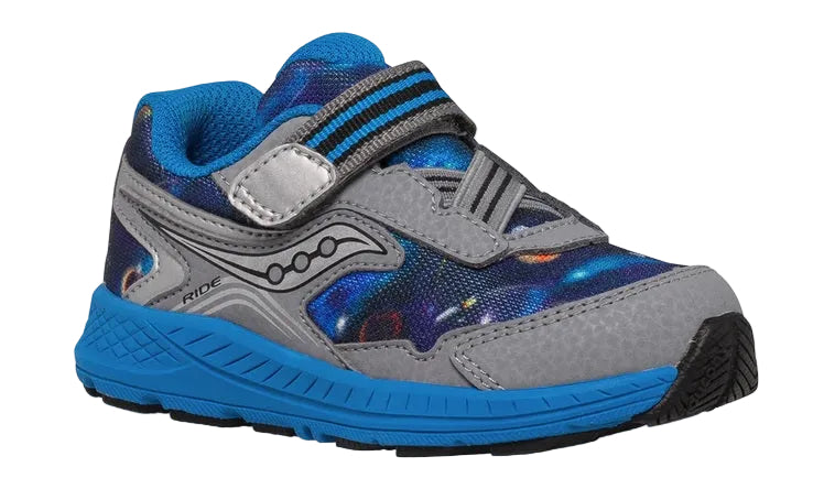 Allen's Bootery infant Ride 10 Jr sneaker in grey and blue with a space-themed print, mesh upper, and velcro strap.