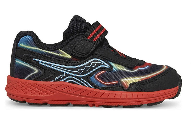 Allen's Bootery infant Ride 10 JR sneaker in neon, black, and red with leather-mesh upper and hook-and-loop closure.