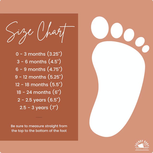 Allen's Bootery infant shoe size chart showing foot measurements in inches for babies aged 0 to 3 years.