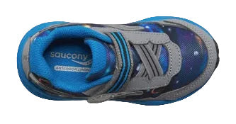 Allen's Bootery infant Ride 10 Jr sneaker in grey and blue with a space-themed print and hook-and-loop closure
