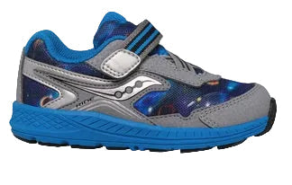 Allen's Bootery infant Ride 10 Jr sneaker in grey and blue with a space-themed print, leather and mesh upper.