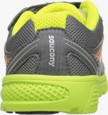 Allen's Bootery infant toddler sneaker in grey, neon green, and orange with mesh upper and EVA midsole back view